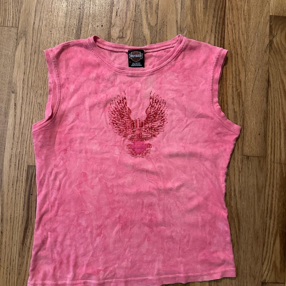 VTG 90s Harley-Davidson Shirt Womens XL Pink Tie-dye Glitter Wings Ray Price NC